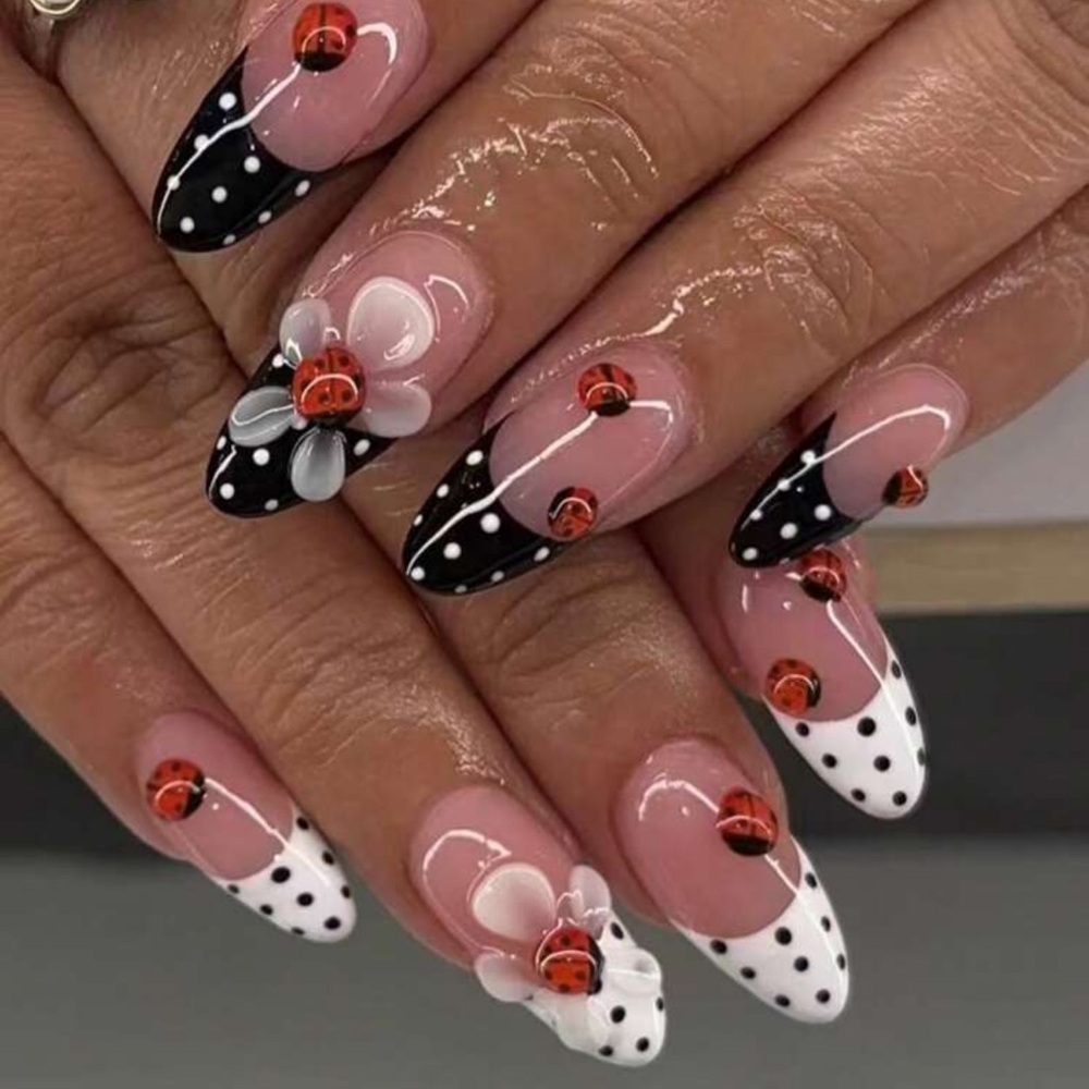 Transform Your Nails With, 24pcs 3D Gel Nails Ladybug French Almond Presson Nail - Picture 1 of 4
